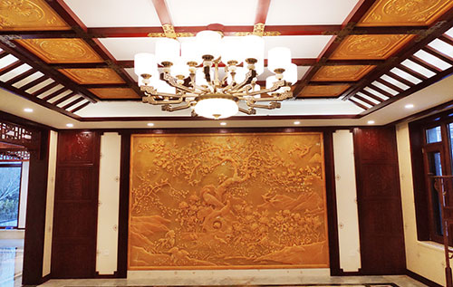 建阳中式别墅客厅中式木作横梁吊顶装饰展示